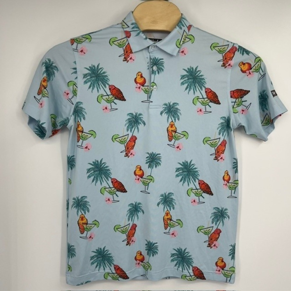 Waggle Mens Medium Light Blue Tropical Parrot Margarita Golf Polo Shirt